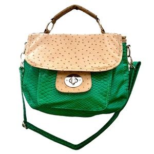 Francesca’s Collection Faux Ostrich Green Tan Crossbody Satchel